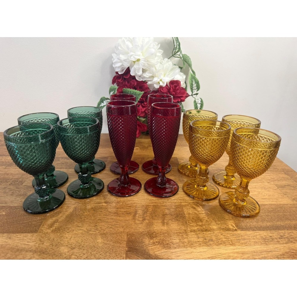Vintage‎ Jewel Tone Diamond Point Goblets Holiday Bar Cart Glassware Retro Decor